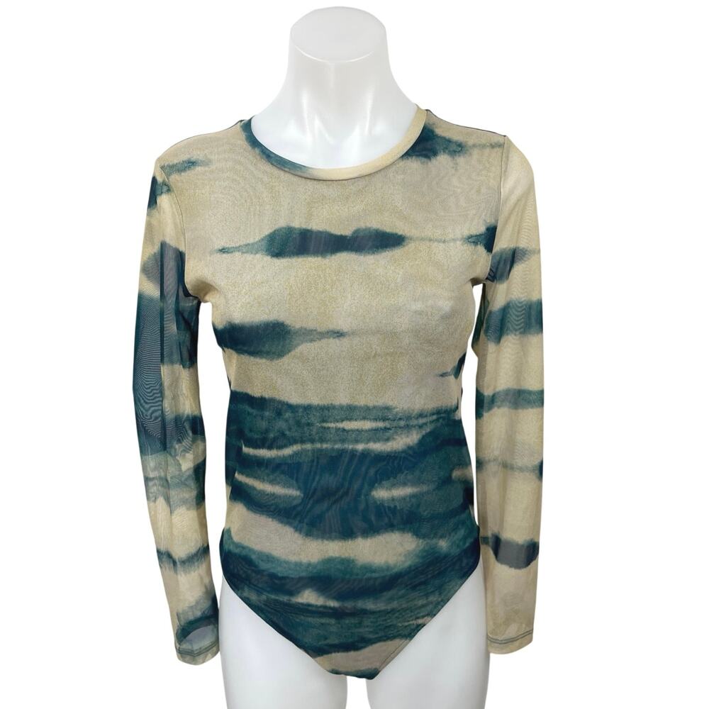 Zara Green Cream Tie Dye Long Sleeve Cutout Back Stretch Bodysuit Top Size M